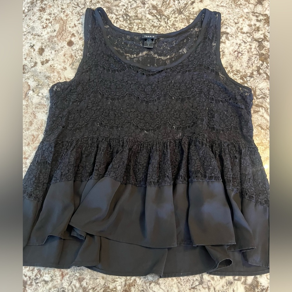 Torrid Black Size 2 Sheer Lace Sleeveless Blouse Tank Top Cami Ruffle Peasant